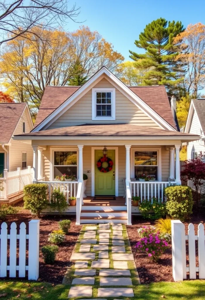 Tiny cottage with golden siding and green door in fall