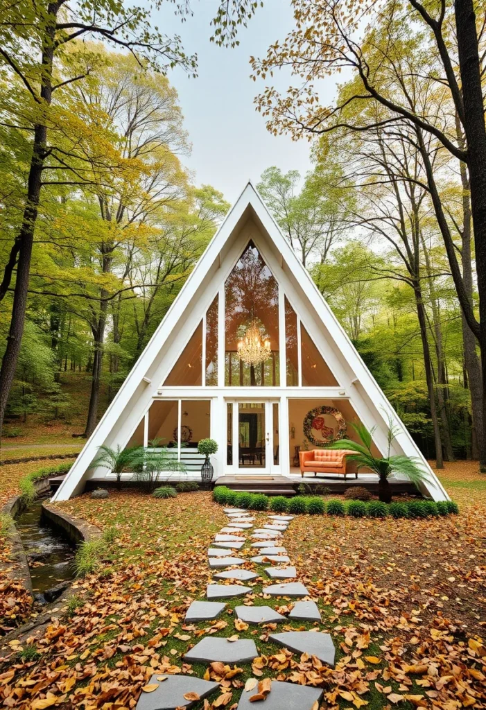 Off-white A-frame cabin surrounded by autumn leaves