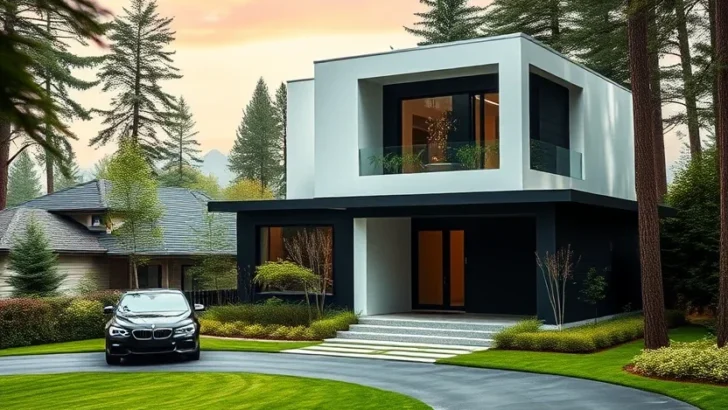 Minimalist black and white house design, boxy form, elevated entry.