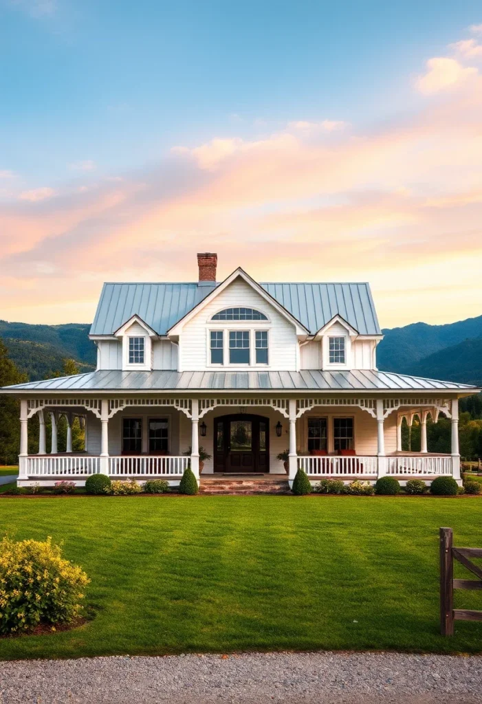 Farmhouse cottage with detailed white porch railings.