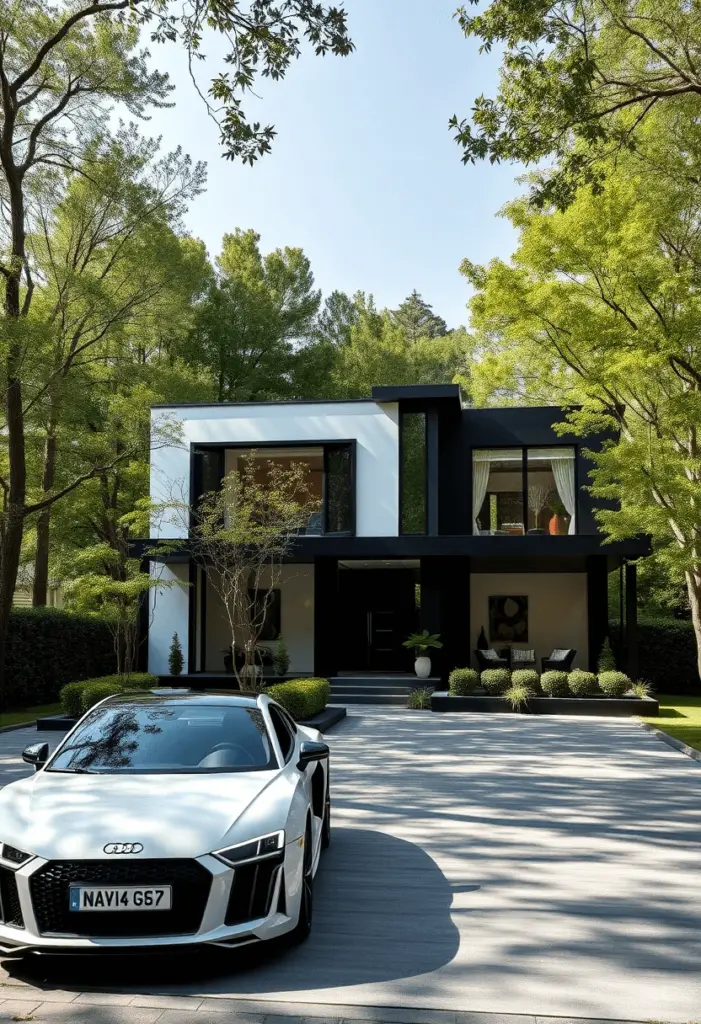 High-end contemporary home design with a white luxury sports car.