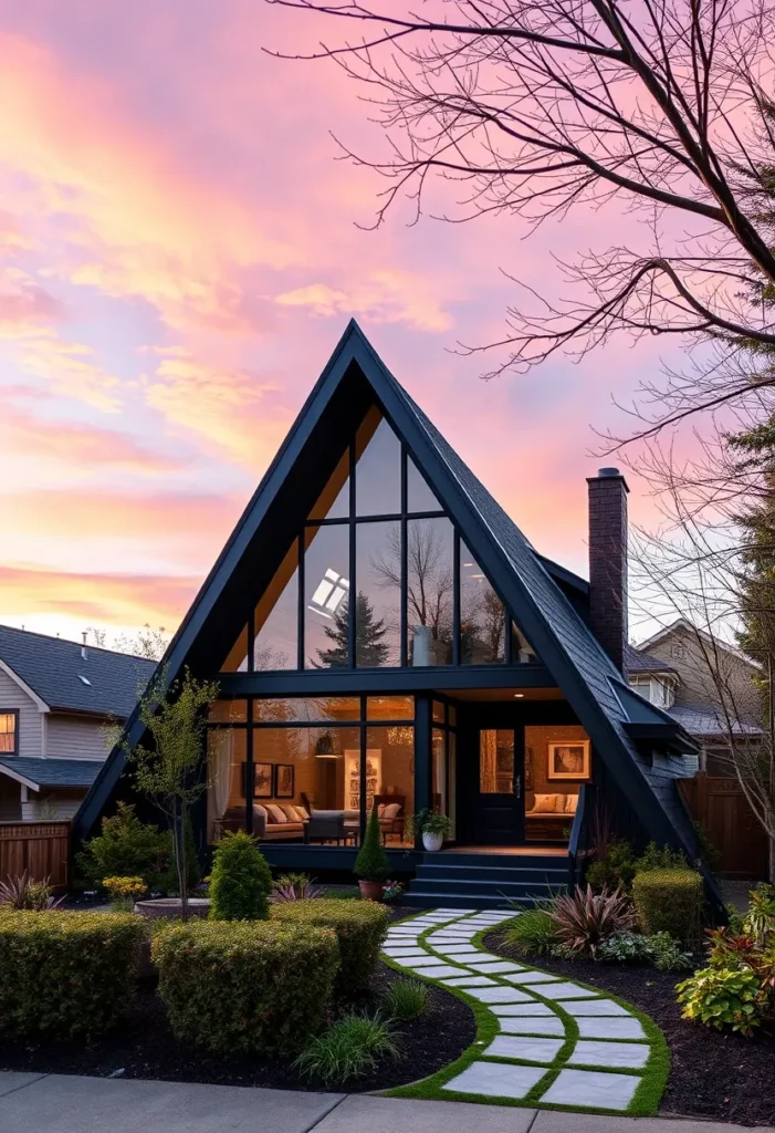 Dream tiny A-frame cabin with a dark exterior, large windows, and well-maintained landscaping.