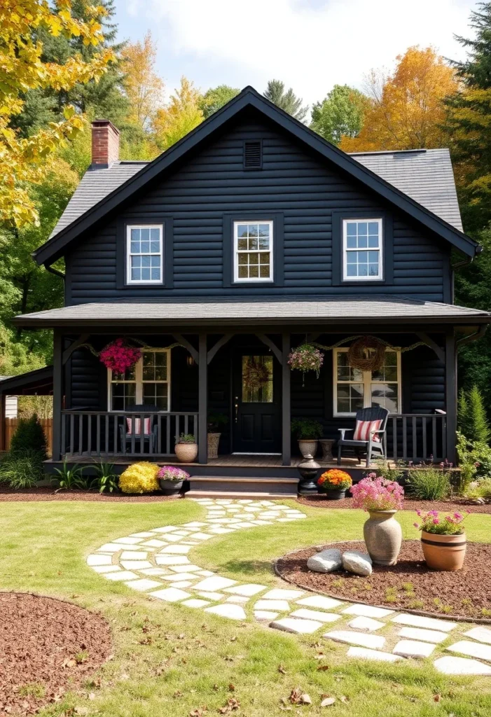 Two-story black farmhouse with white trim and front porch