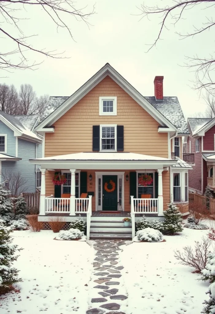 Tiny cottage with orange siding, black shutters, and green door in winter