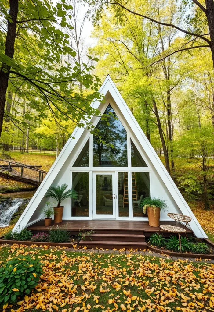 Off-white tiny A-frame house with large windows and deck