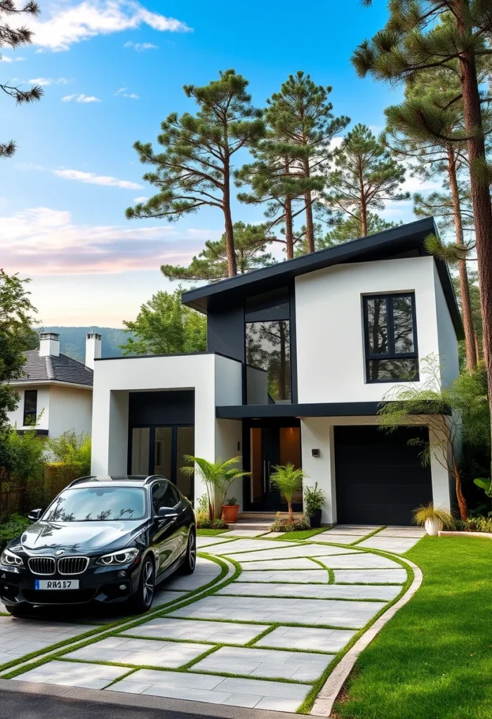 Minimalist black and white house design, angled roof, large windows.