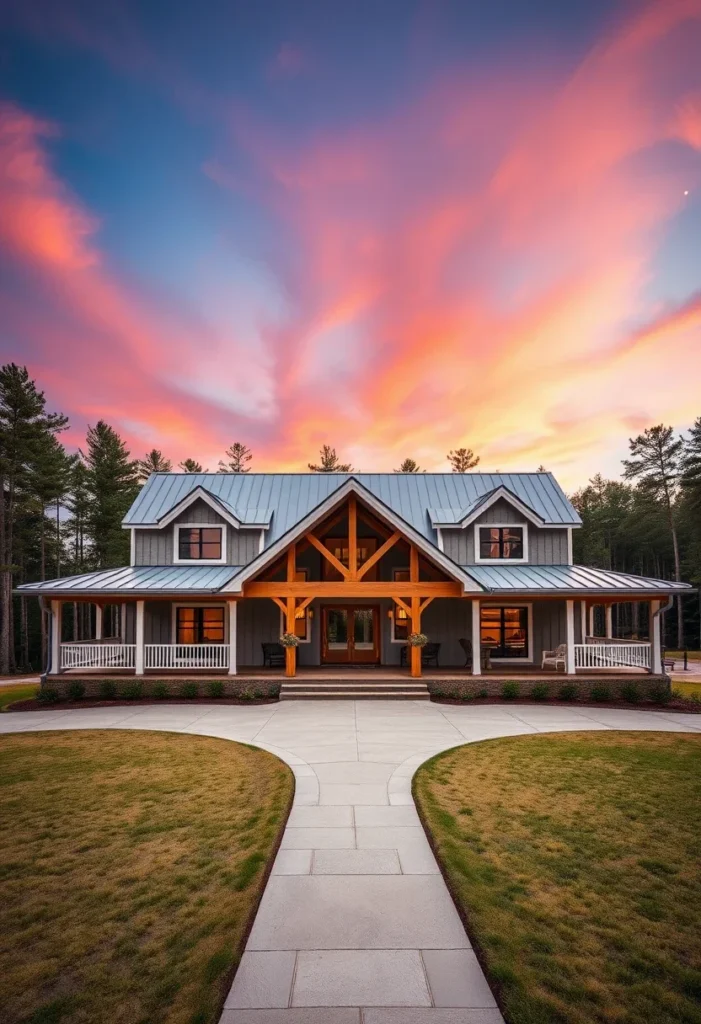 Farmhouse cottage with a standing-seam metal roof at sunset.