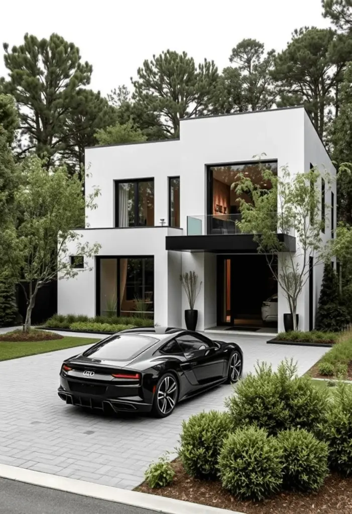 Modern contemporary home design with a black luxury sports car.