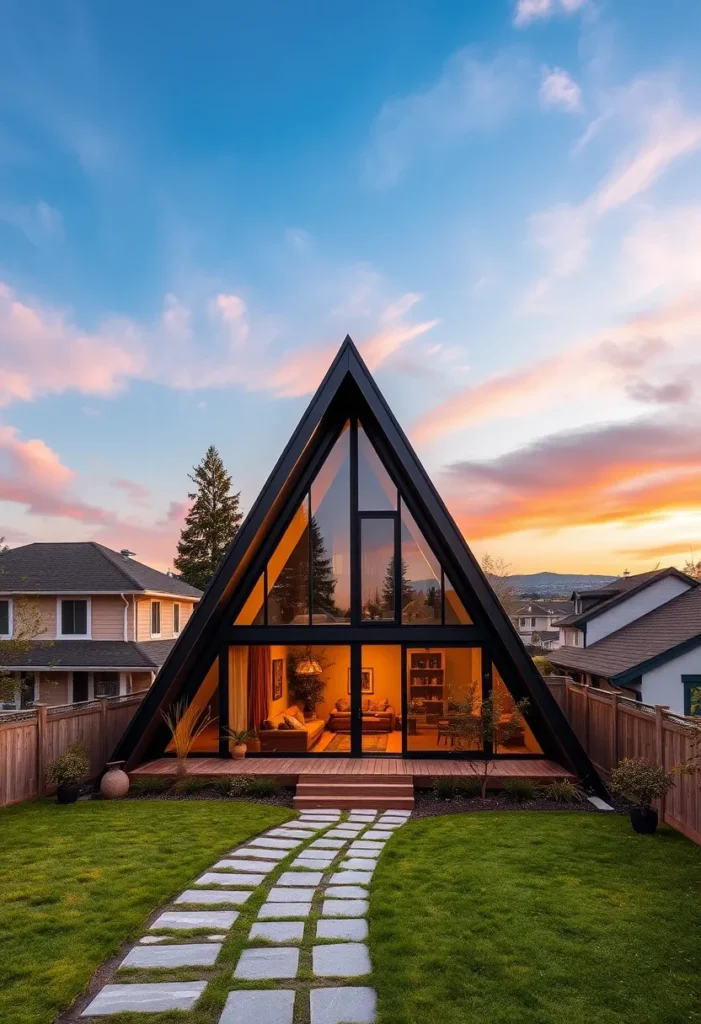 Dream tiny A-frame cabin with large windows showcasing a warm interior.