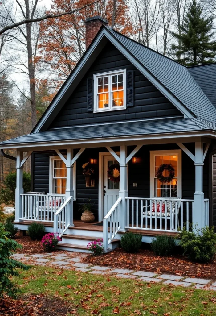 One-story black country cottage with white trim and front porch