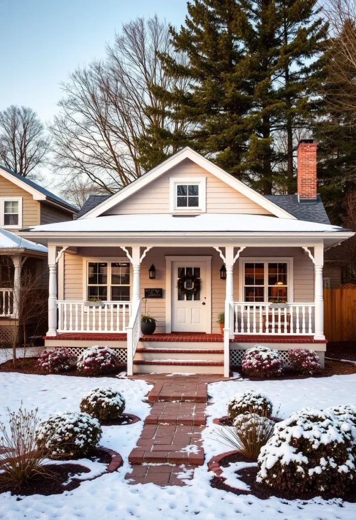 Beige tiny cottage, potentially Sears House, with white porch in winter