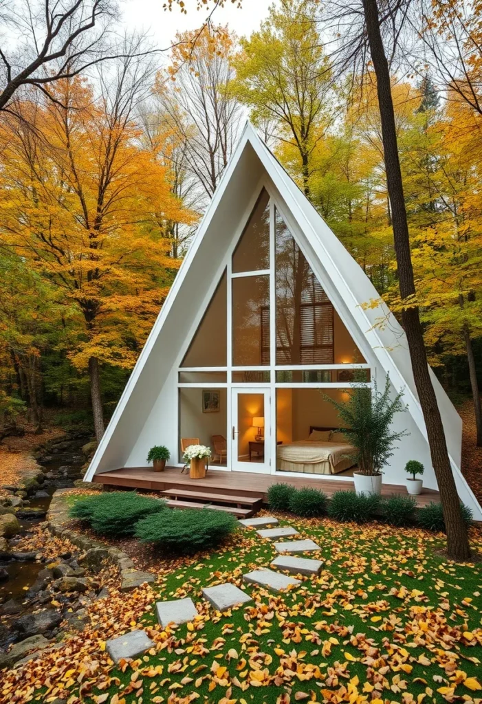 Off-white A-frame cabin beside a creek in autumn