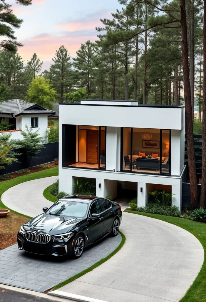 Minimalist black and white house design, expansive windows, seamless indoor-outdoor flow.