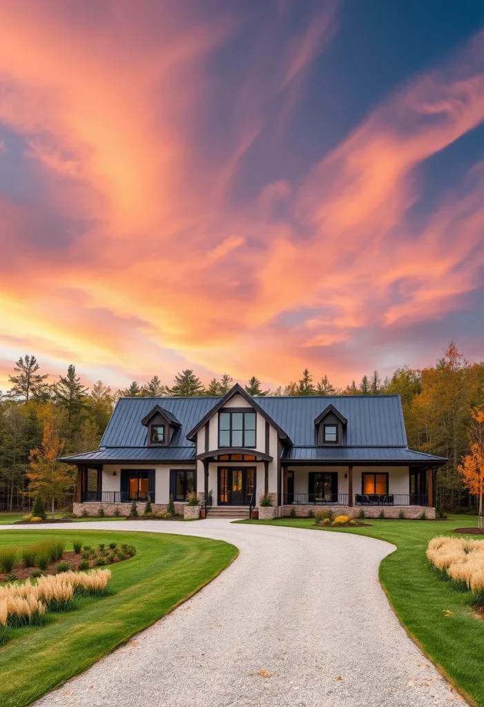 Modern farmhouse cottage with large windows and a curved driveway.