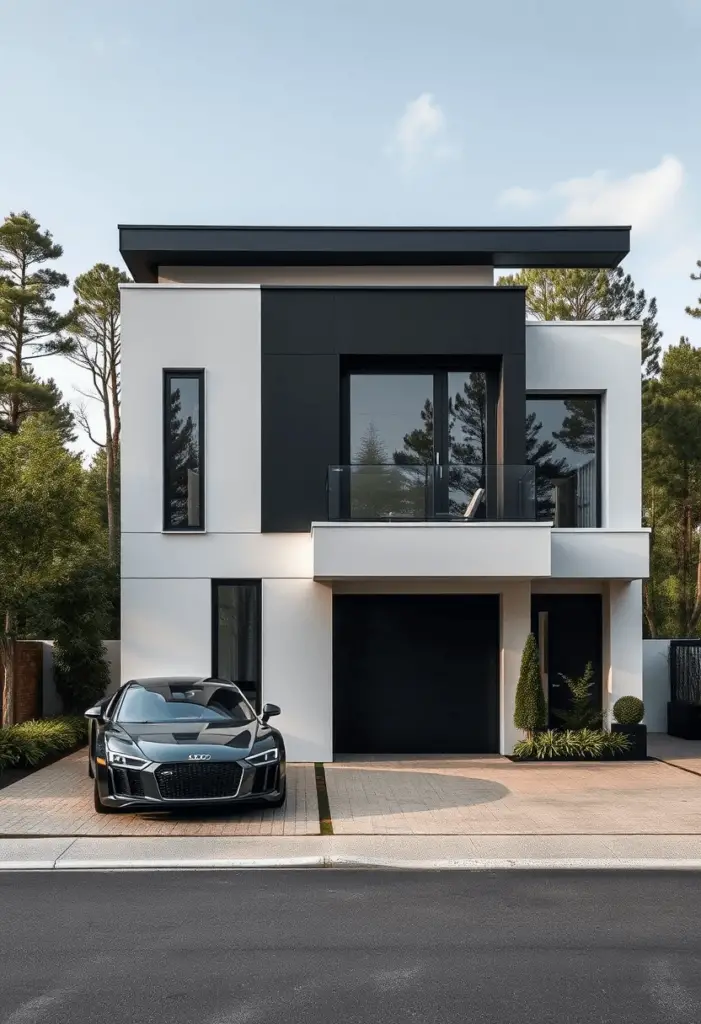 High-end contemporary home design featuring a prominent black garage door.