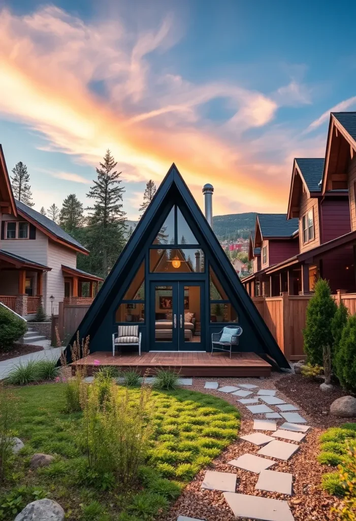 Dream tiny A-frame cabin with a cozy front porch and a dark exterior.