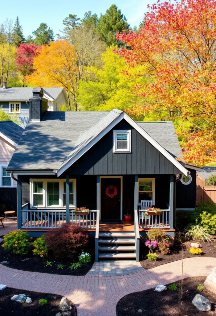 Black 1920s bungalow with covered front porch and grey trim