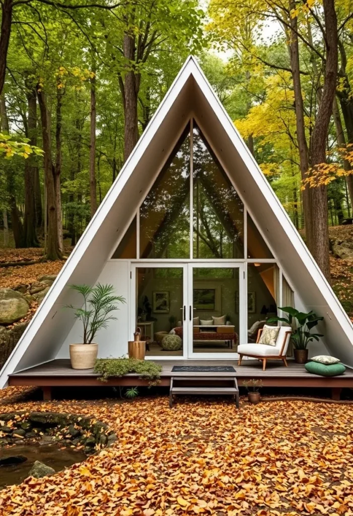 : Off-white A-frame cabin with cozy deck and hillside views