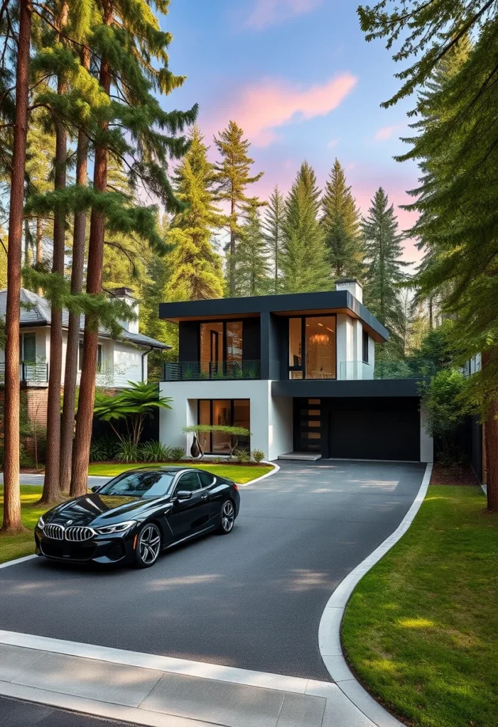 Minimalist black and white house design, flat roof, recessed entry.