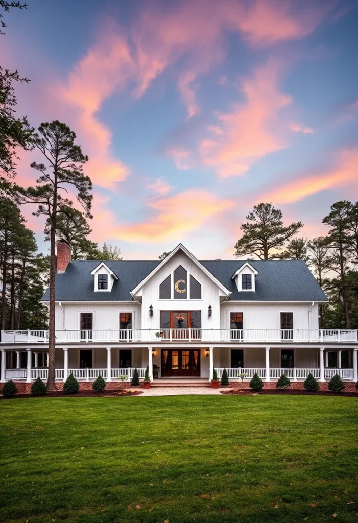 Farmhouse cottage with multi-level design and manicured lawn.