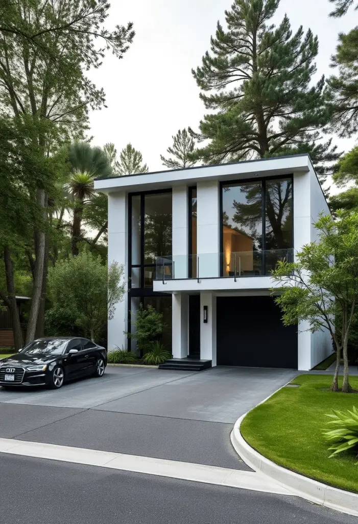 Two-story high-end contemporary home design with large windows.