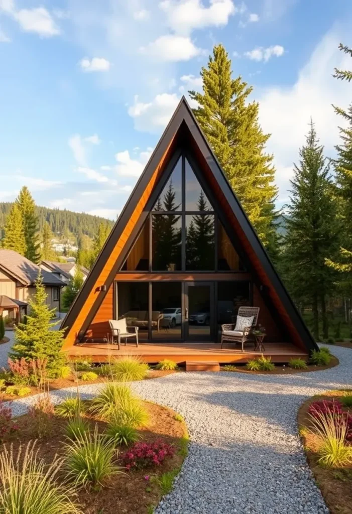 Dream tiny A-frame cabin with a large deck, natural wood siding, and dark trim.