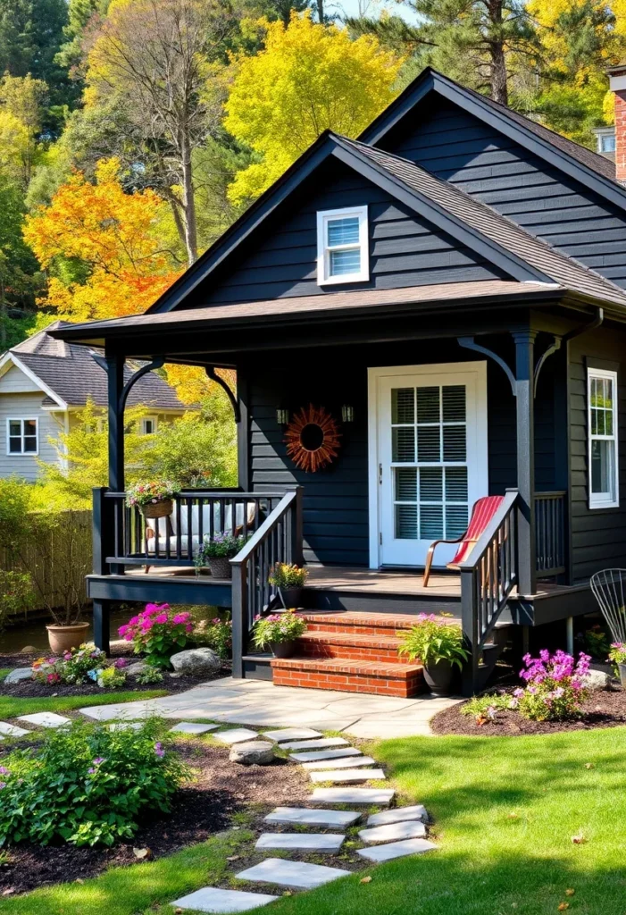 Close-up of black cottage with front porch and white door.