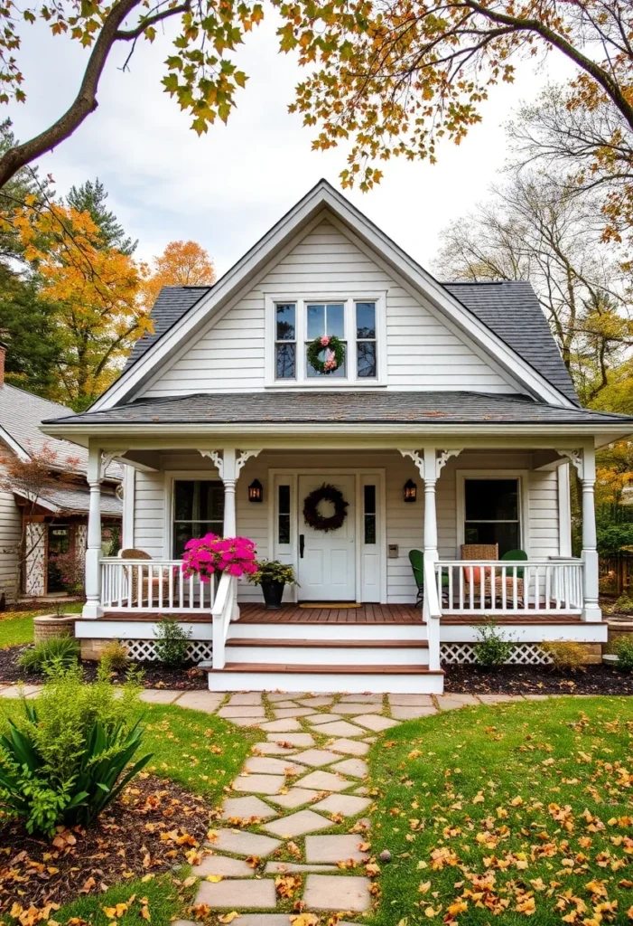 White tiny cottage with porch and fall foliage in autumn