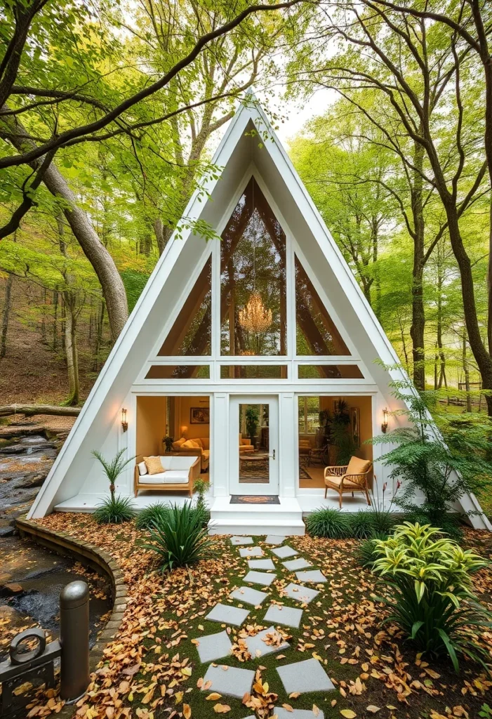 Classic off-white A-frame cabin in wooded setting