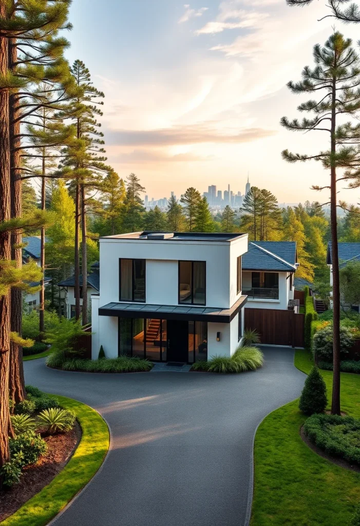 Minimalist black and white house design, white facade, dark window frames.