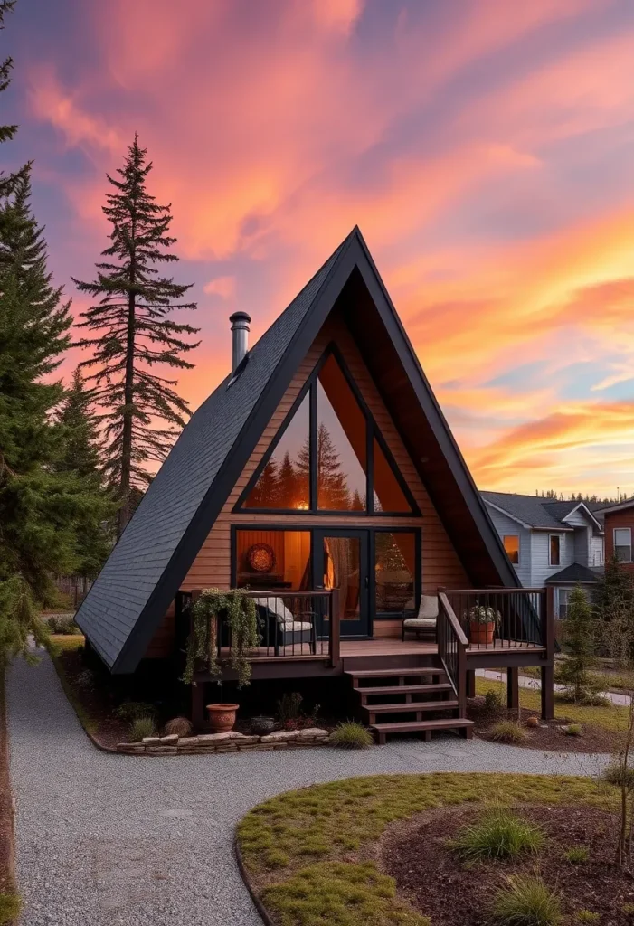 Dream tiny A-frame cabin with a warm interior glow and an elevated deck.