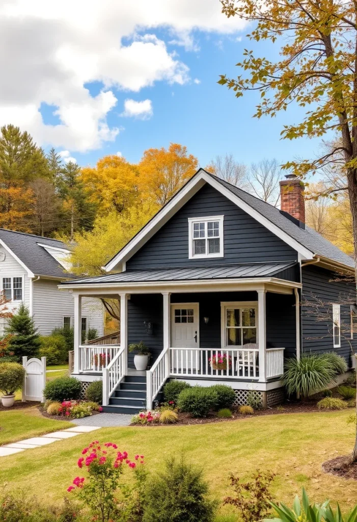 Modern black bungalow with white trim and front porch