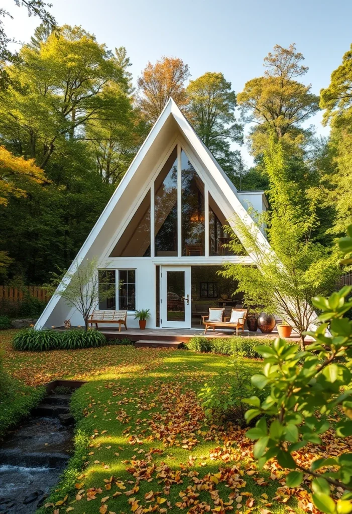 Classic off-white A-frame house beside a stream