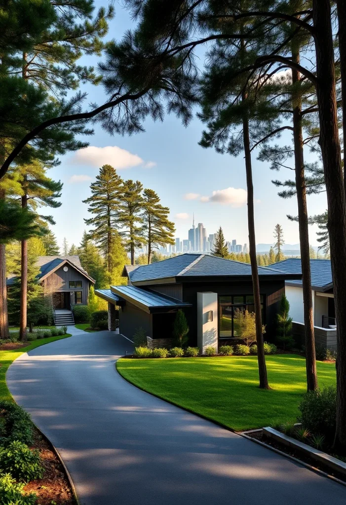 Minimalist dark gray house design, black trim, sloped roof.