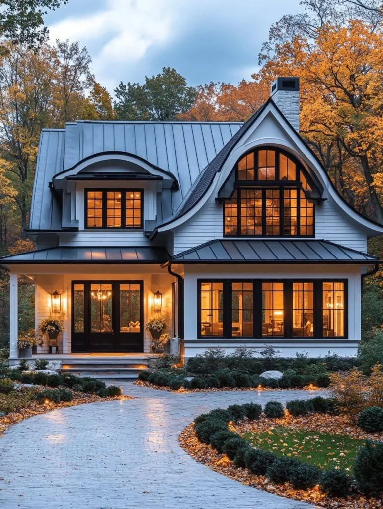 Farmhouse cottage with a dramatic grouping of arched and rectangular windows.