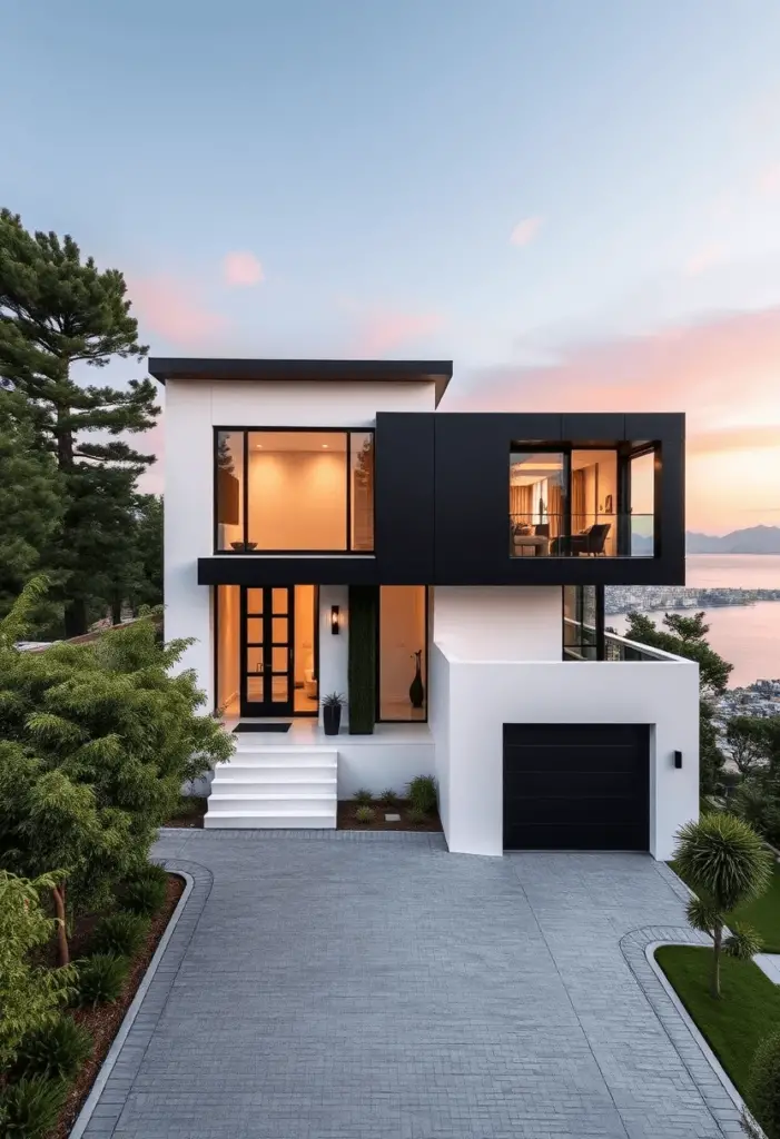 High-end contemporary home design with expansive windows and ocean views.