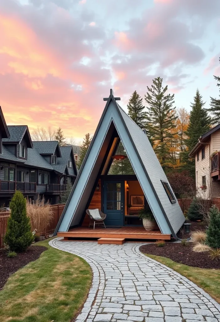 Dream tiny A-frame cabin with a pastel exterior and a unique roofline.