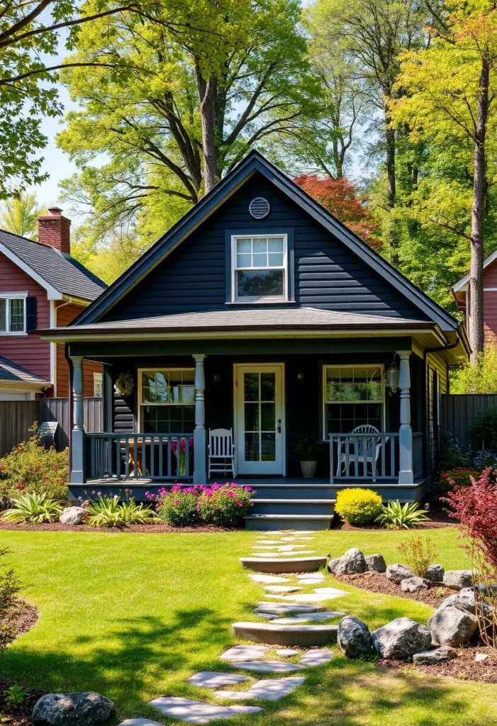 Symmetrical black cottage with centered door and matching windows