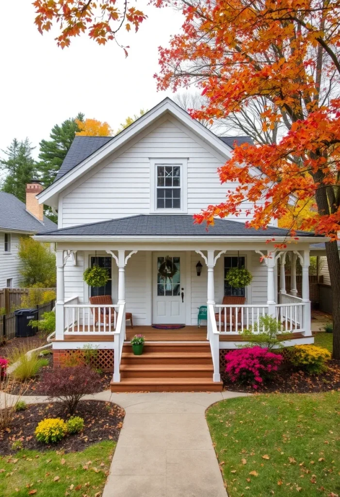 White tiny cottage with wood porch steps and autumn foliage