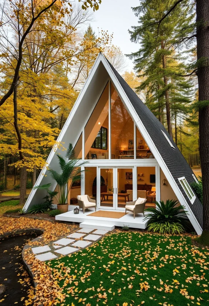 Modern off-white A-frame cabin with lakeside views