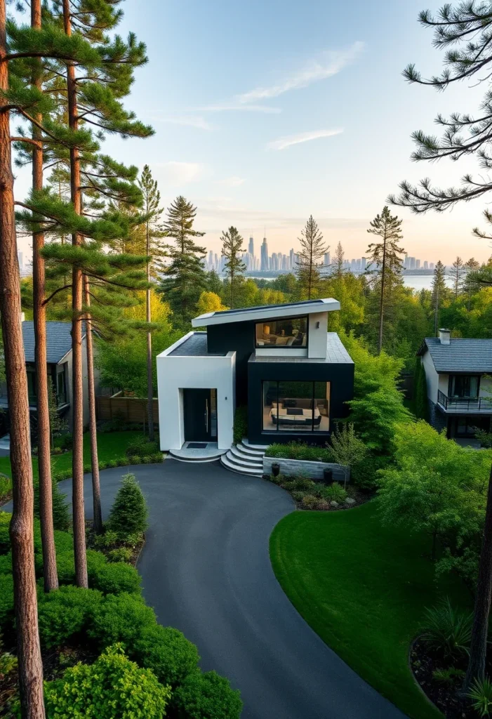 Minimalist black and white house design, split level, cantilevered upper, angular roof.