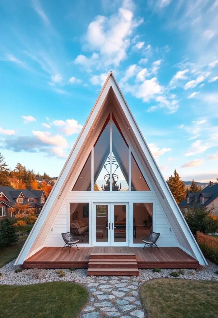 Dream tiny A-frame cabin with a white exterior, large windows, and a symmetrical design.