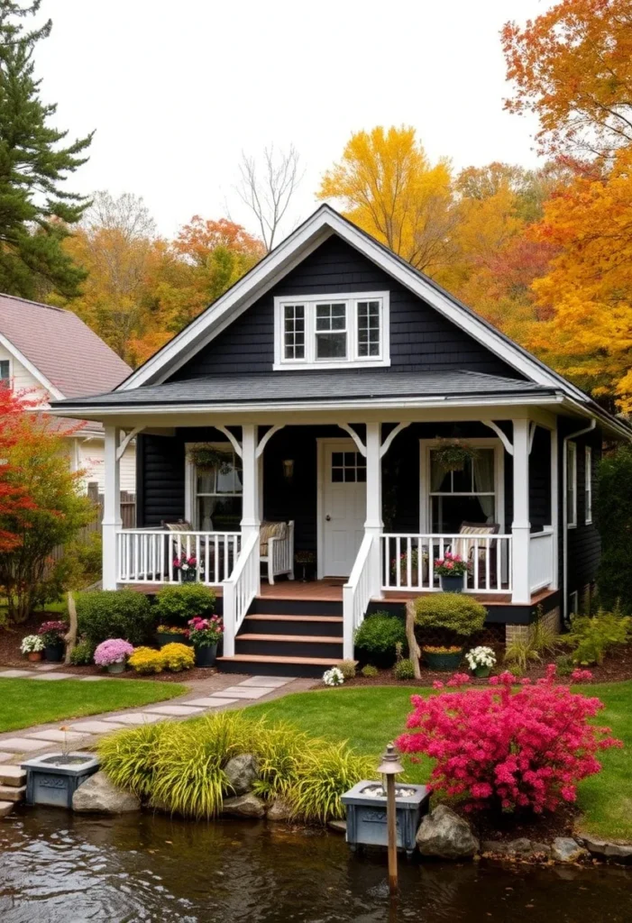 Black craftsman-style cottage with white trim and front porch