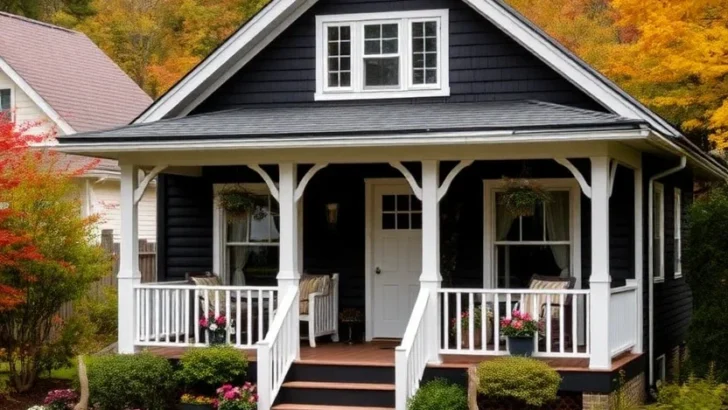 Black craftsman-style cottage with white trim and front porch