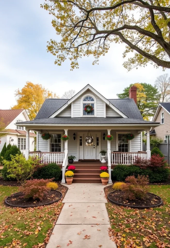 Light gray tiny cottage with arched window and fall foliage