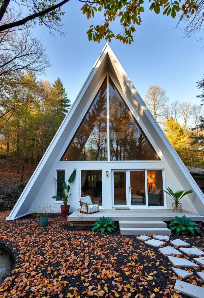 Off-white A-frame cabin nestled on a hillside