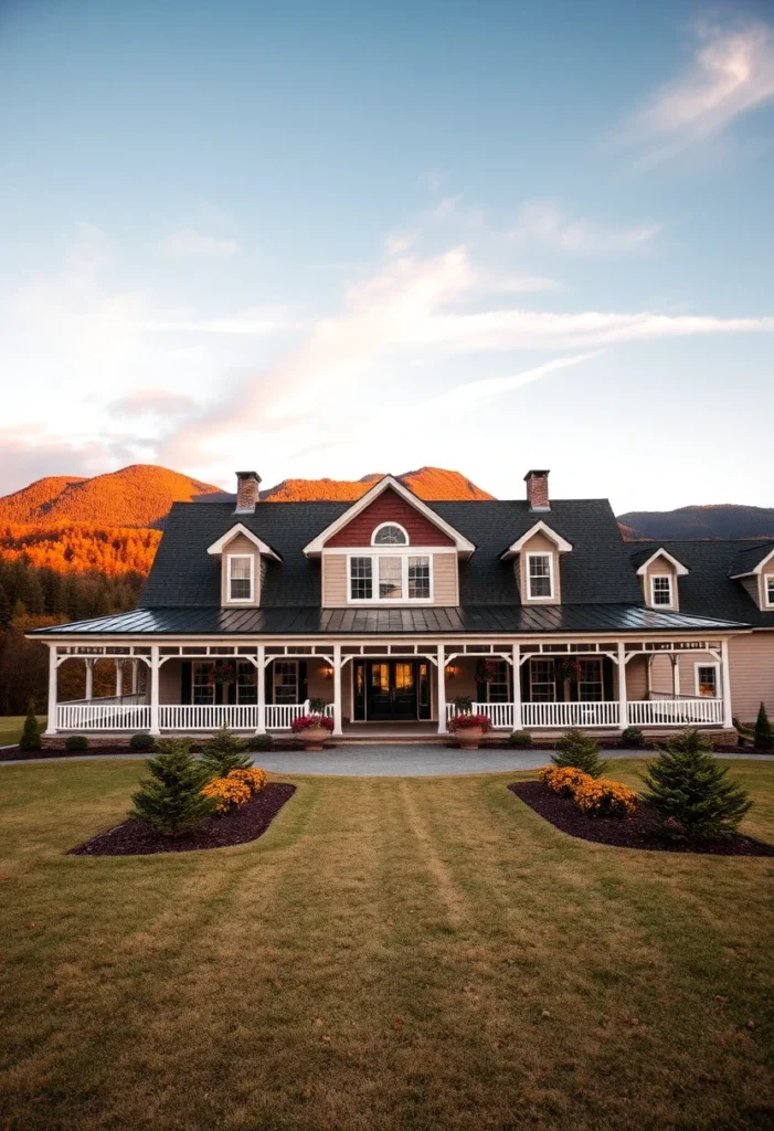 Farmhouse cottage with manicured lawn and landscaping.