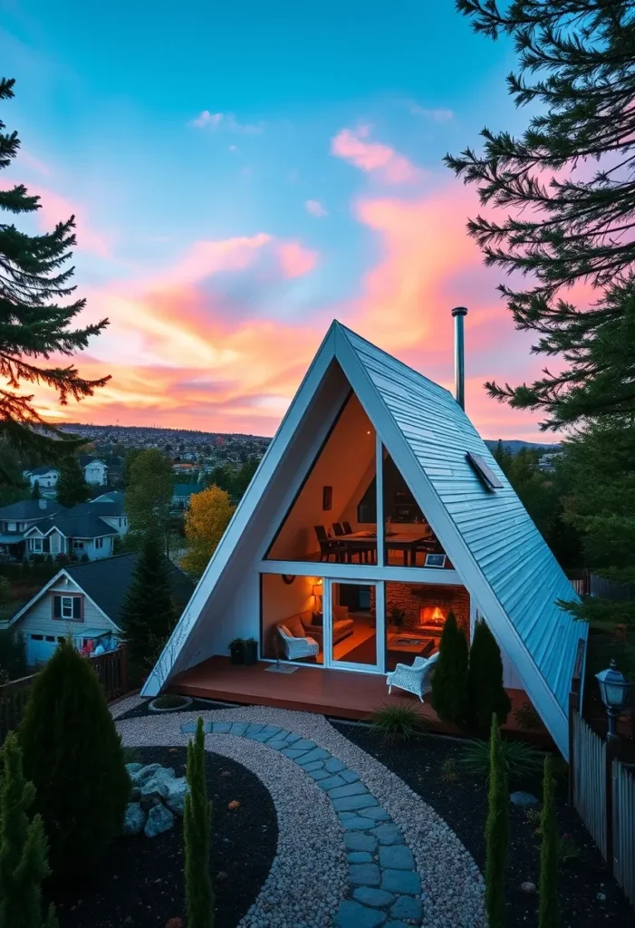 Dream tiny A-frame cabin with a high roofline and large windows on the side.