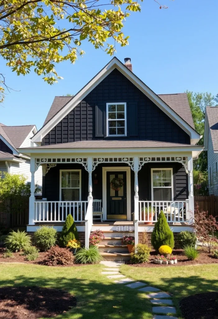 Black storybook-style cottage with white trim and front porch