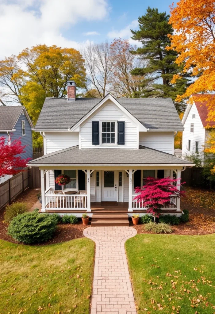 White tiny cottage with black shutters and porch in autumn